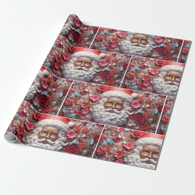 Black Santa Claus Melanin Christmas 3D St. Nick Wrapping Paper (Unrolled)