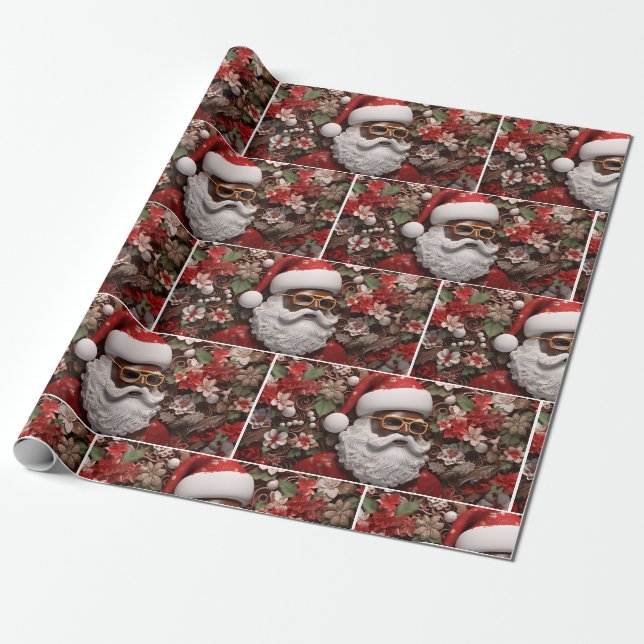 Black Santa Claus Melanin Christmas 3D St. Nick Wrapping Paper (Unrolled)
