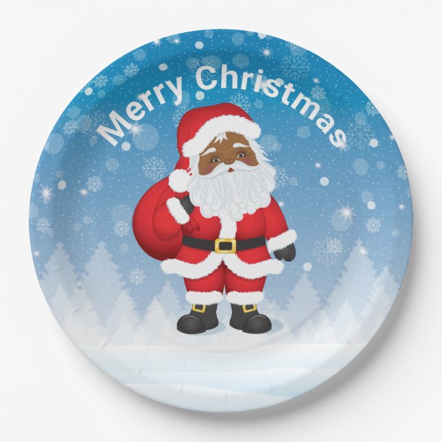 Black Santa Claus Merry Christmas Paper Plate (Front)