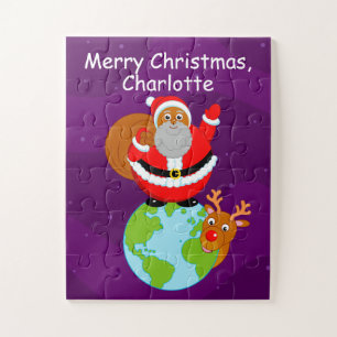 Black Santa Claus standing on the Earth, Jigsaw Puzzle