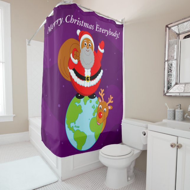 Black Santa Claus standing on the Earth, Shower Curtain (In Situ)