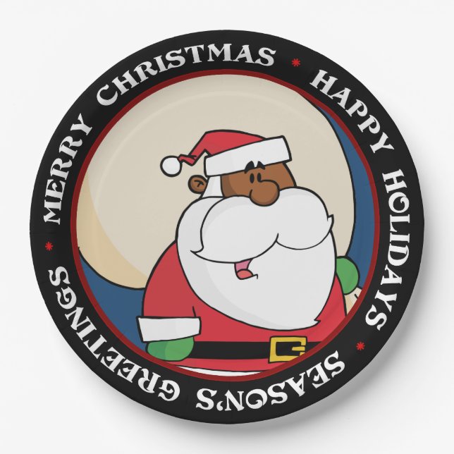 Black Santa Claus with Toy Sack Paper Plate (Front)