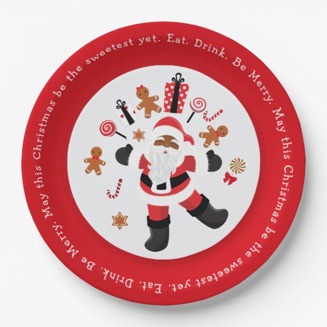 Black Santa Eat. Drink. Be Merry. Paper Plate (Front)