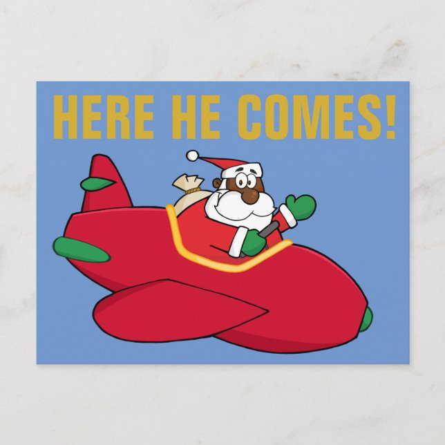 Black Santa flying in aeroplane Holiday Postcard (Front)