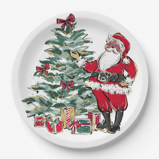 Black Santa Holiday Christmas Paper Plates (Front)
