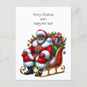 Black Santa in a Sleigh with Gifts Holiday Postcard
