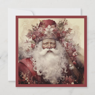 Black Santa in Rococo Red Pink Floral Greenery Holiday Card