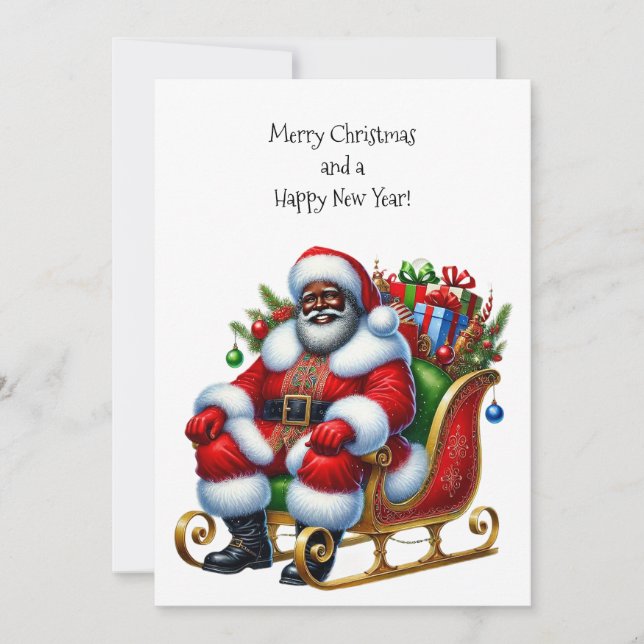 Black Santa in Sleigh, Gifts Flat Card Personalise (Front)