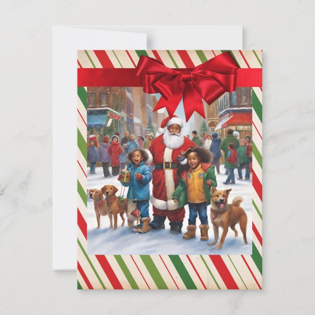 Black Santa Kids Dogs Christmas Tree Holiday Card (Front)