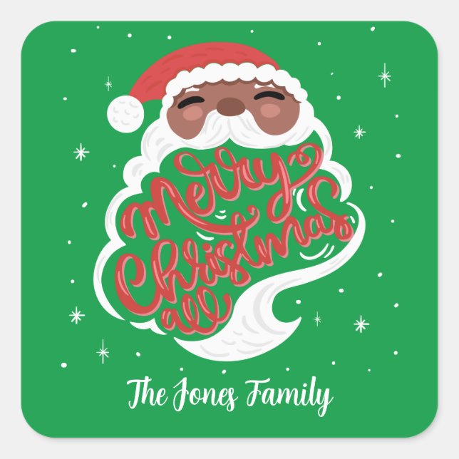 Black Santa Merry Christmas All, Family Name Green Square Sticker (Front)