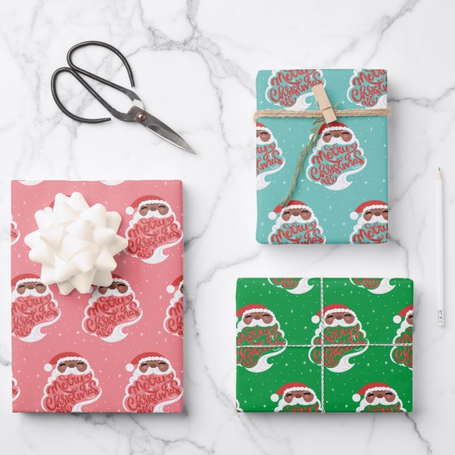 Black Santa, Merry Christmas All, Pink Blue Green Wrapping Paper Sheet (Front)