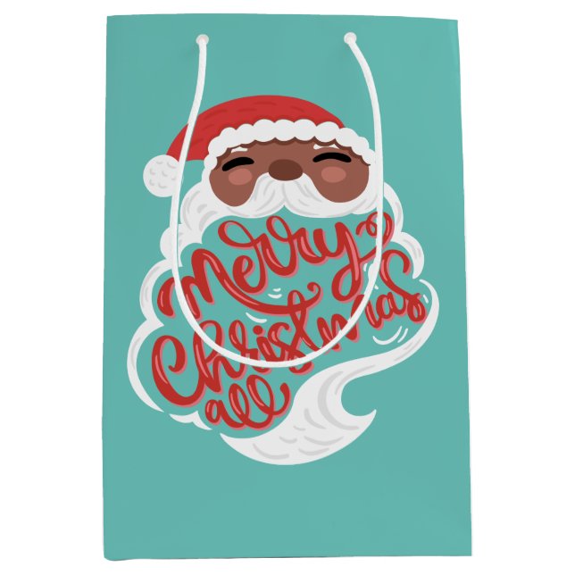 Black Santa | Merry Christmas All, Turquoise Blue Medium Gift Bag (Front)