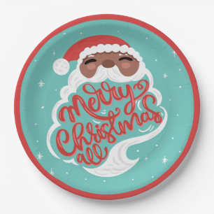 Black Santa   Merry Christmas All   Turquoise Blue Paper Plate