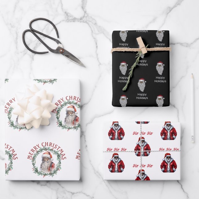  Black  Santa  Pattern African American Christmas Wrapping Paper Sheet (Front)