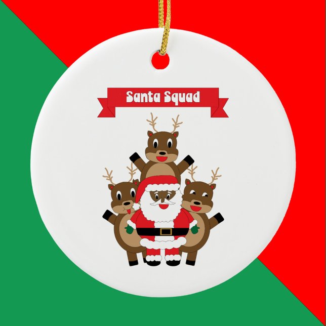 Black Santa Squad Reindeer Funny Ceramic Tree Decoration (An ornament with a black Santa and reindeer under a banner that reads Santa Squad.)