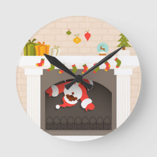 black santa stuck in fireplace round clock