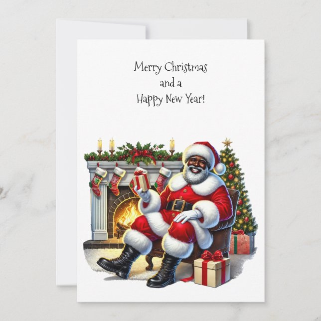 Black Santa with Fireplace Flat Card Personalise (Front)