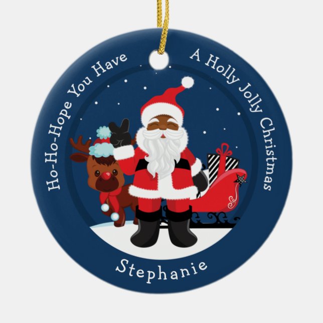 Black Santa with Rudolph Ceramic Tree Decoration (Front)