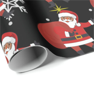 Black Santa With Snowflakes And Stars Christmas Wrapping Paper