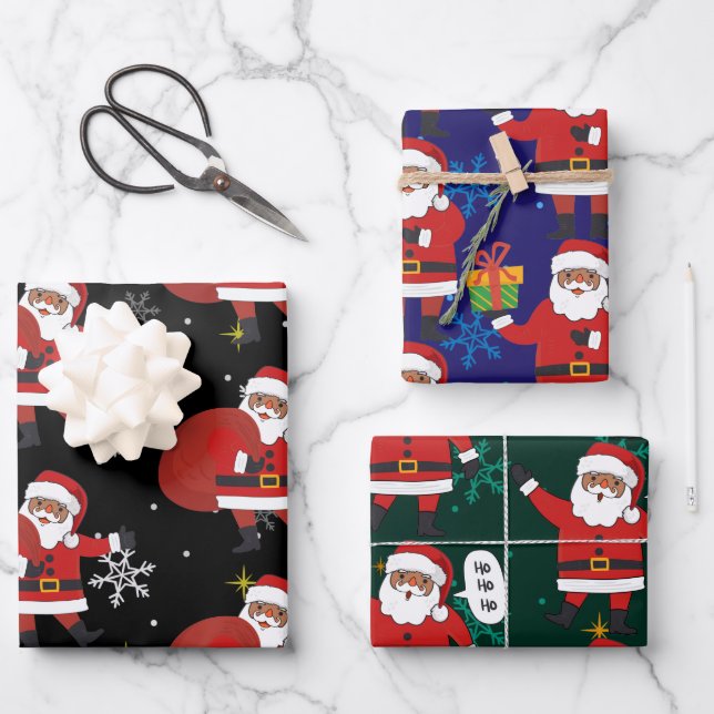 Black Santa With Snowflakes And Stars Christmas Wrapping Paper Sheet (Front)