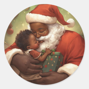 Black Santa's Giving Heart Classic Round Sticker