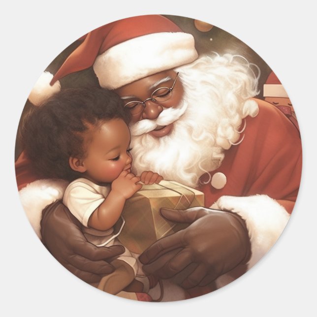  Black Santa's  Giving  Heart of Joy Classic Round Sticker (Front)