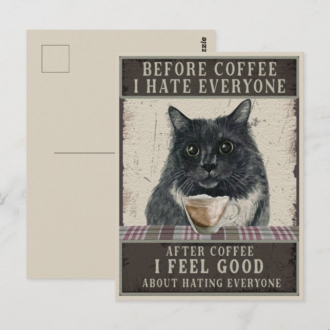 Black Sarcastic Cat and Coffee Vintage Postcard (Front/Back)
