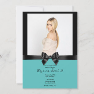Black Satin Bow Teal Turquoise Photo Sweet 16 Invitation