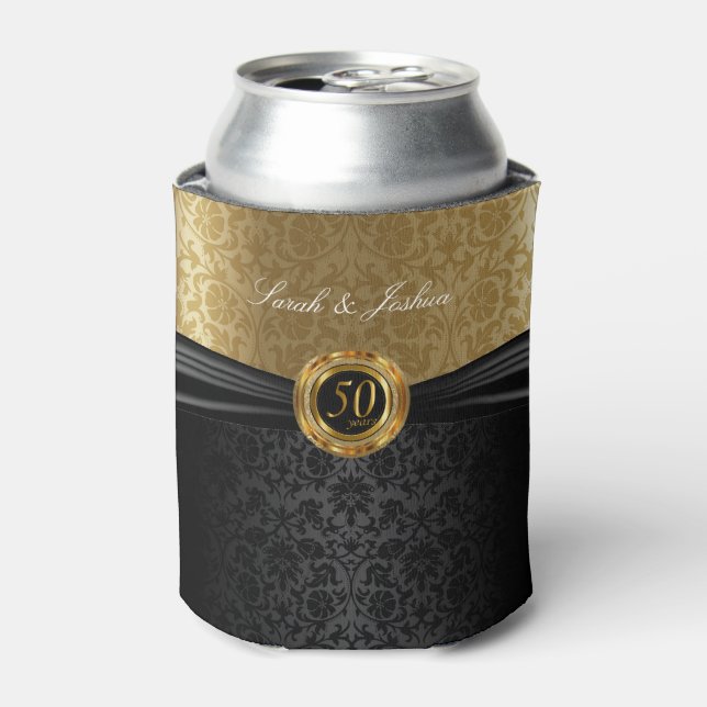 Black Satin & Gold Damask - 50th Anniversary Can Cooler (Can Front)