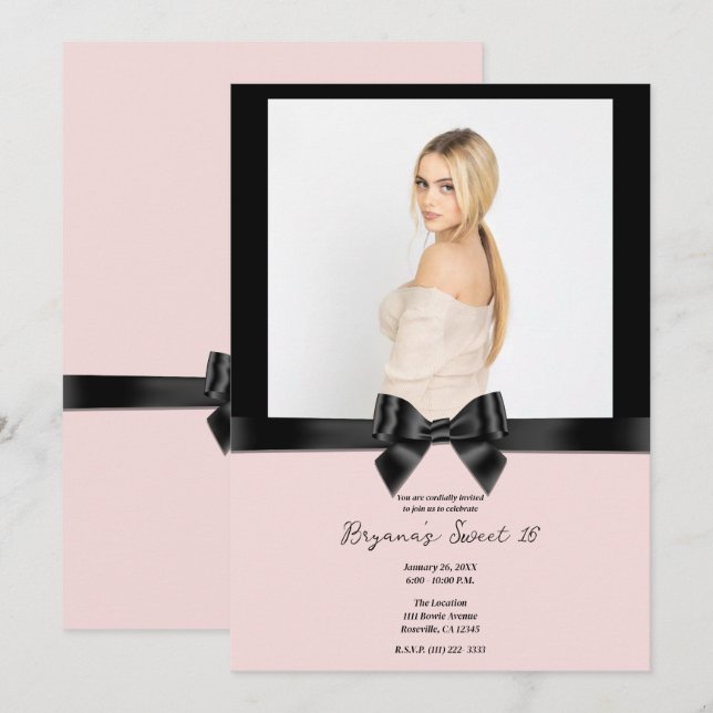 Black Satin Ribbon Bow Blush Pink Photo Sweet 16 Invitation (Front/Back)