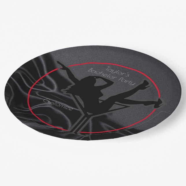 Black Satin Silhouette Bachelor Party Paper Plate (Angled)