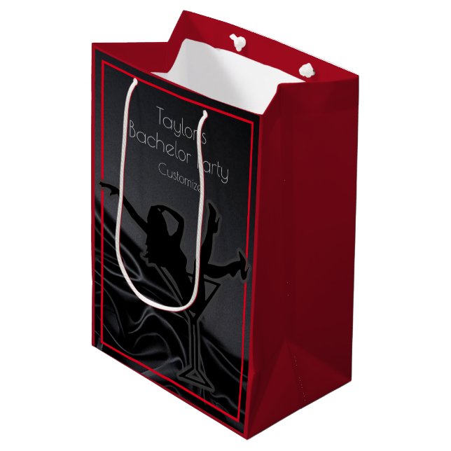 Black Satin Silhouette Bachelor Party Red Medium Gift Bag (Front Angled)