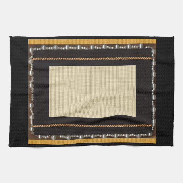 Black Satin Silk Fabric Photo Frame Embellished Wi Tea Towel (Horizontal)