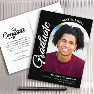 Black Save Date Graduation Photo Arch White Script Invitation Postcard