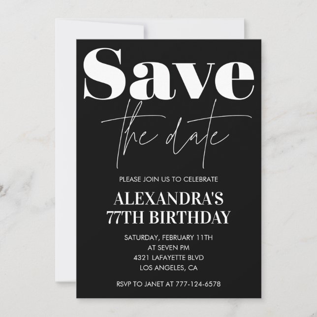 Black Save the date 77th birthday Invitation (Front)