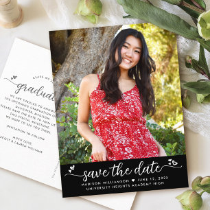 Black Save the Date Graduation Photo Script Hearts Invitation Postcard