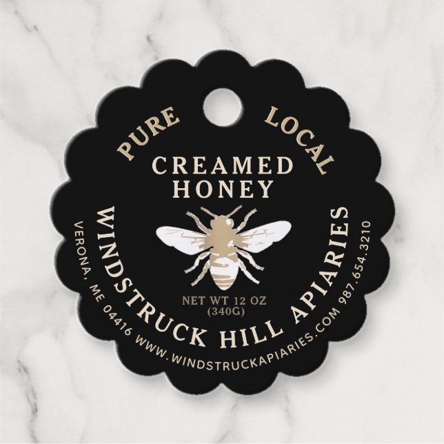 Black Scallop Creamed Honey Tag with Honeybee (Front)