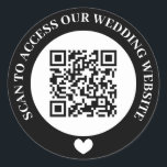 Black Scan To Access Wedding Website Heart QR Code Classic Round Sticker<br><div class="desc">Wedding website QR code sticker in black and white with curved text and a white heart. Cute black and white wedding QR code sticker.</div>