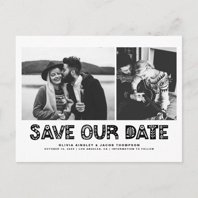 Black Scandinavian Photo Collage Save Our Date Announcement Postcard (Front)
