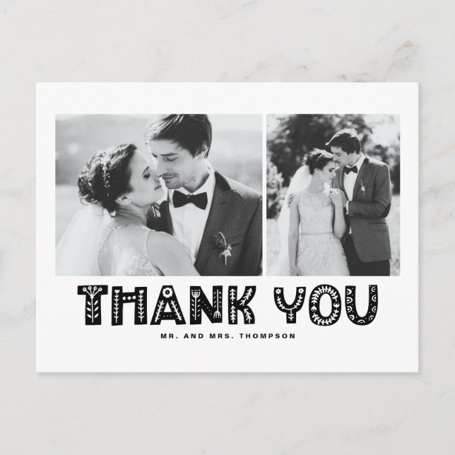 Black Scandinavian Photo Collage Wedding Thank You Announcement Postcard (Front)
