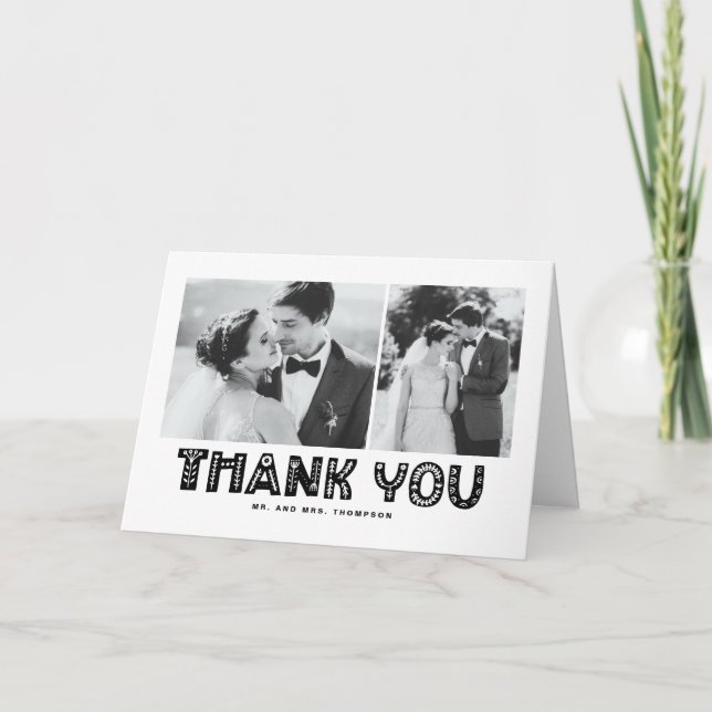 Black Scandinavian Photo Collage Wedding Thank You Card (Front)