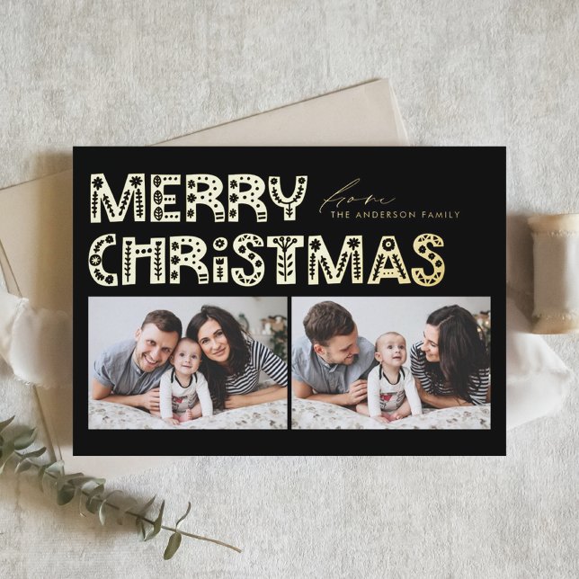 Black Scandinavian Two Photo Christmas Foil Holiday Card (Creator Uploaded)
