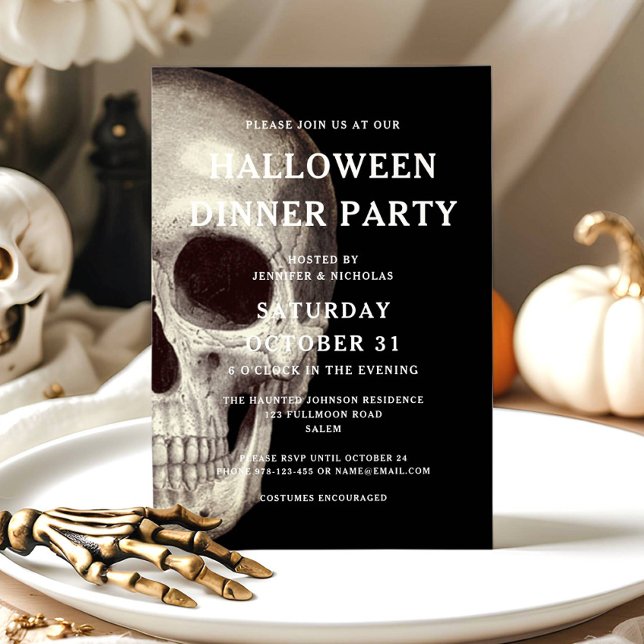 Black Scary Skull Adult Halloween Dinner Party Invitation (Black Scary Skull Adult Halloween Dinner Party Invitation)