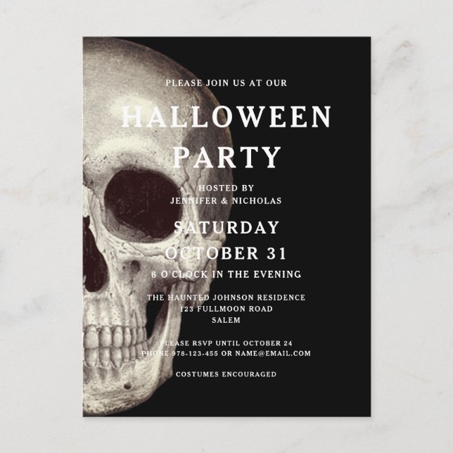 Black Scary Skull Adult Halloween Invitation Postcard (Front)