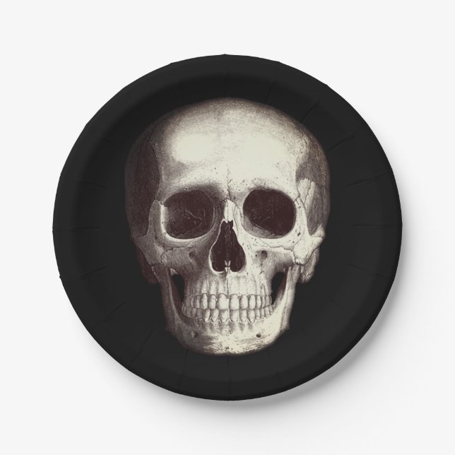 Black Scary Skull Adult Halloween Paper Plate (Front)