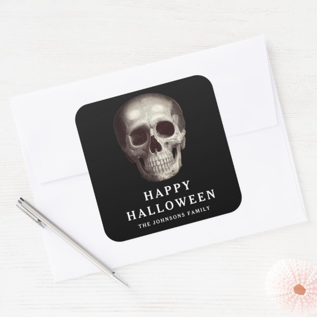 Black Scary Skull Adult Halloween Square Sticker (Envelope)