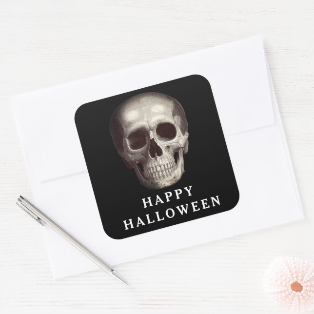 Black Scary Skull Happy Halloween  Square Sticker (Envelope)