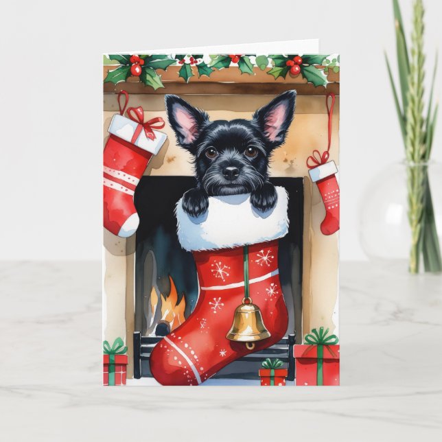 black Schipperke Dog Christmas Greeting Card (Front)