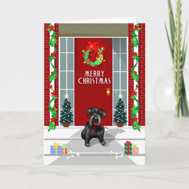 Black Schnauzer Dog Merry Christmas Holiday Card (Front)