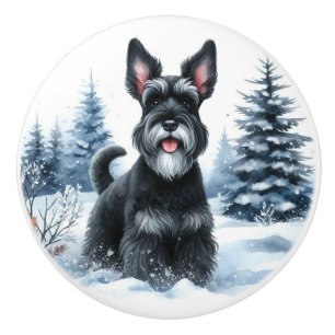 Black Schnauzer Winter Watercolor Art Ceramic Knob